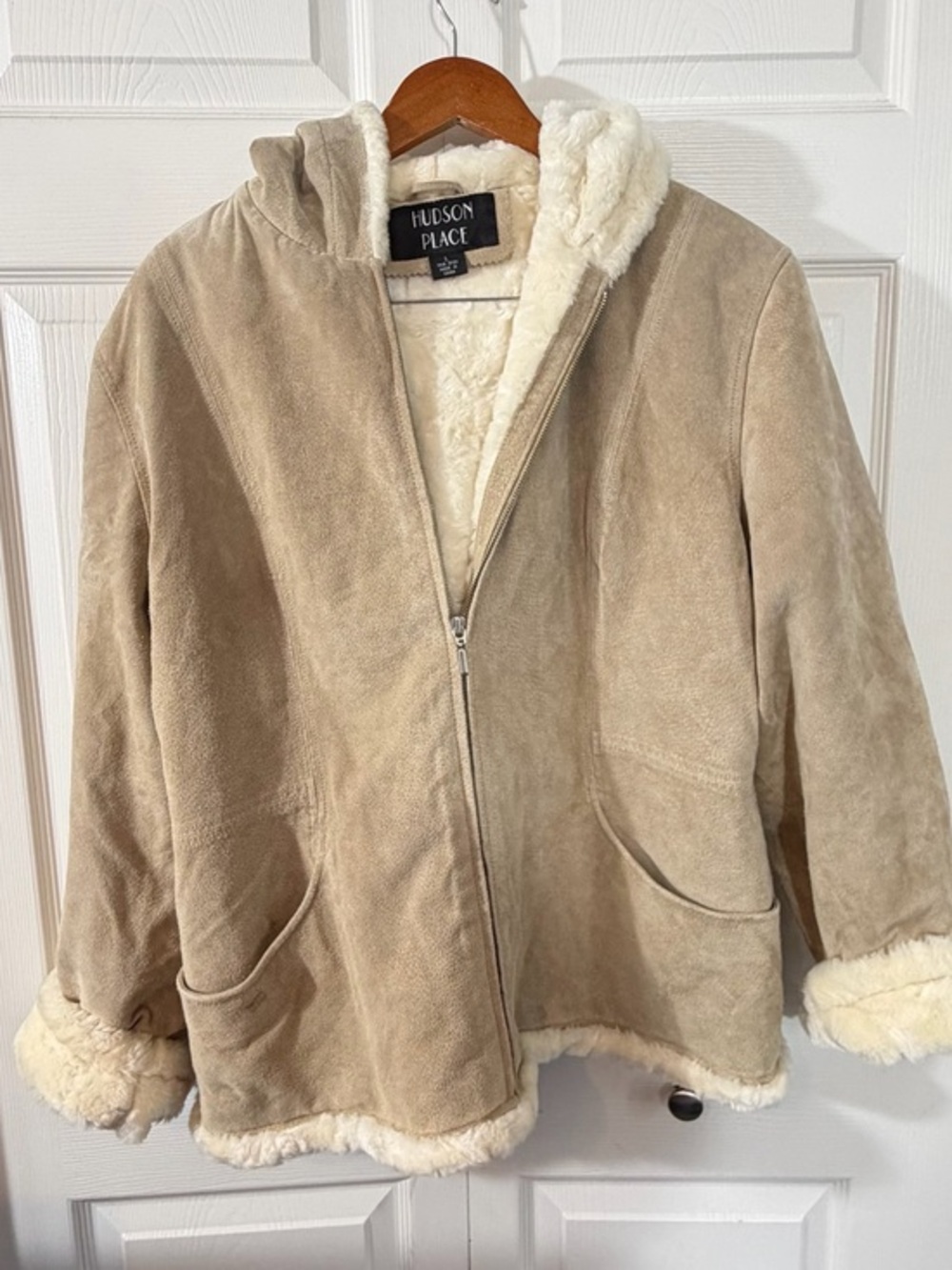 Hudson Place Suede Leather Faux Shearling Hooded Jacket Tan Womens Large